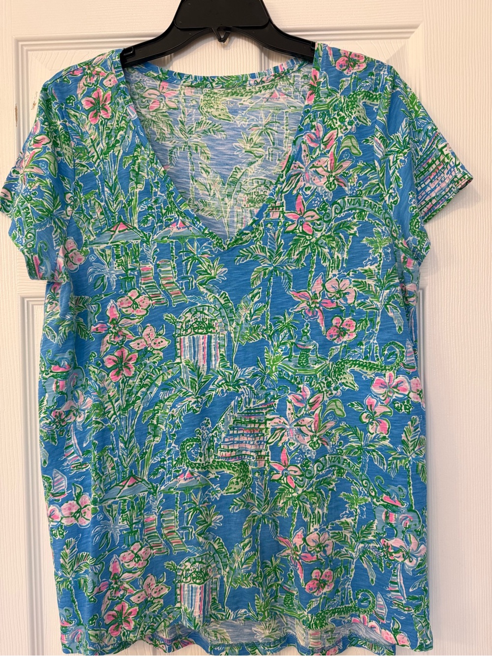 Lilly Pulitzer Blue V-Neck Tee with Pink & Green Tropical Print